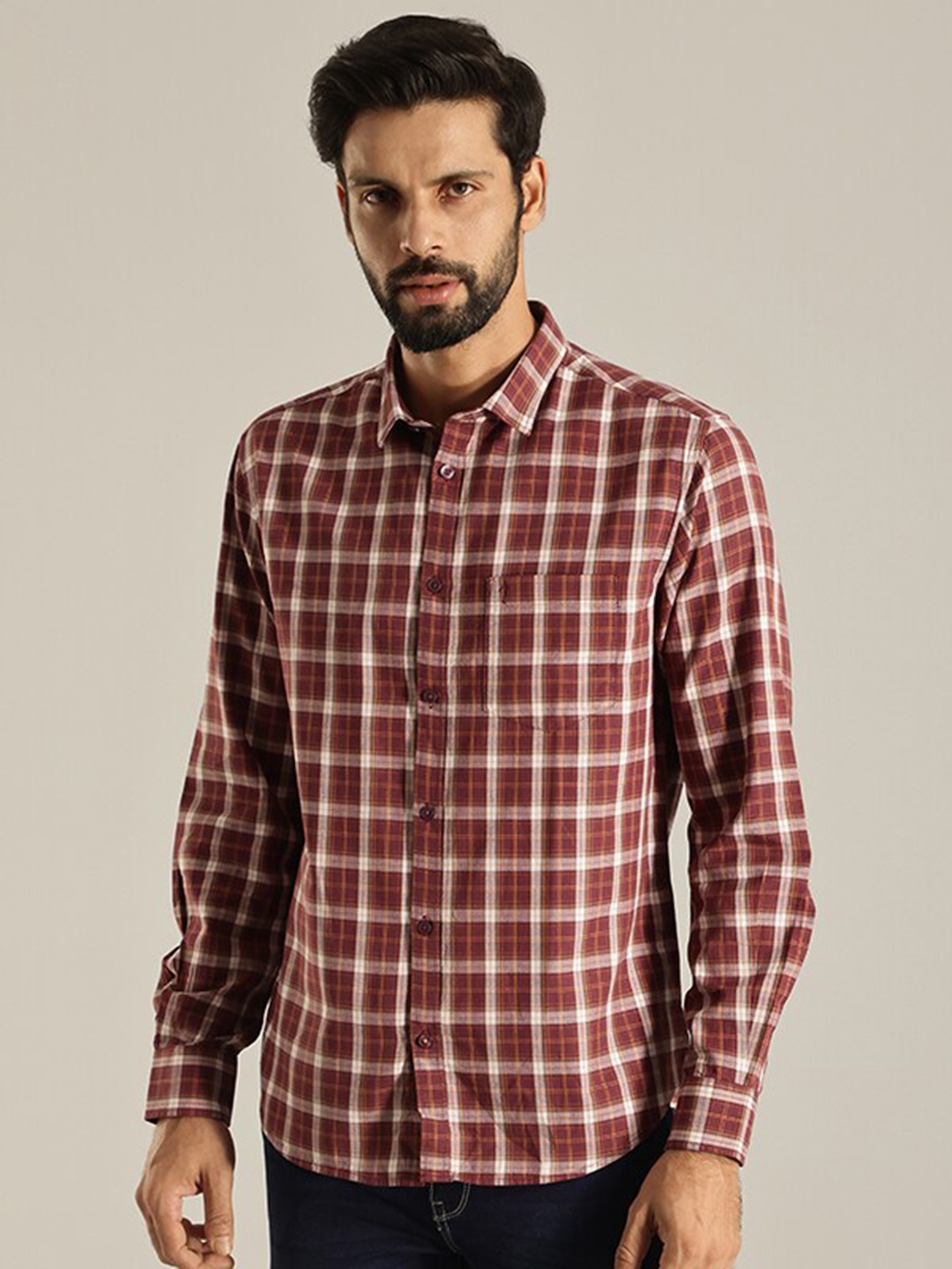 

Indian Terrain India Slim Tartan Checked Pure Cotton Casual Shirt, Maroon