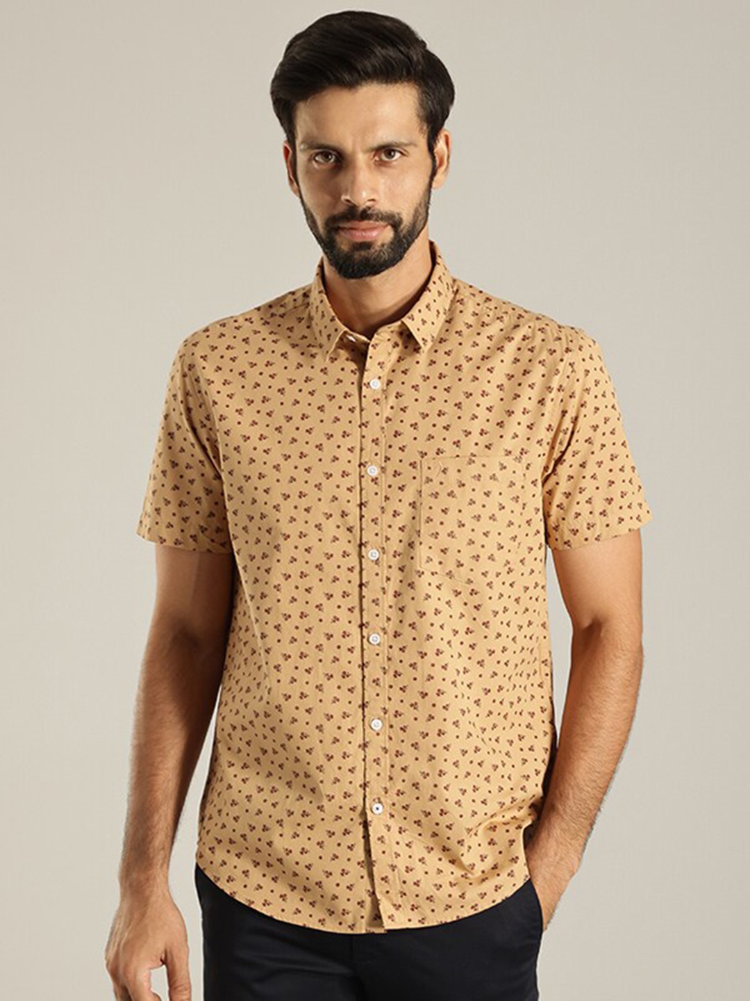 

Indian Terrain India Slim Spread Collar Slim Fit Floral Printed Pure Cotton Shirt, Brown