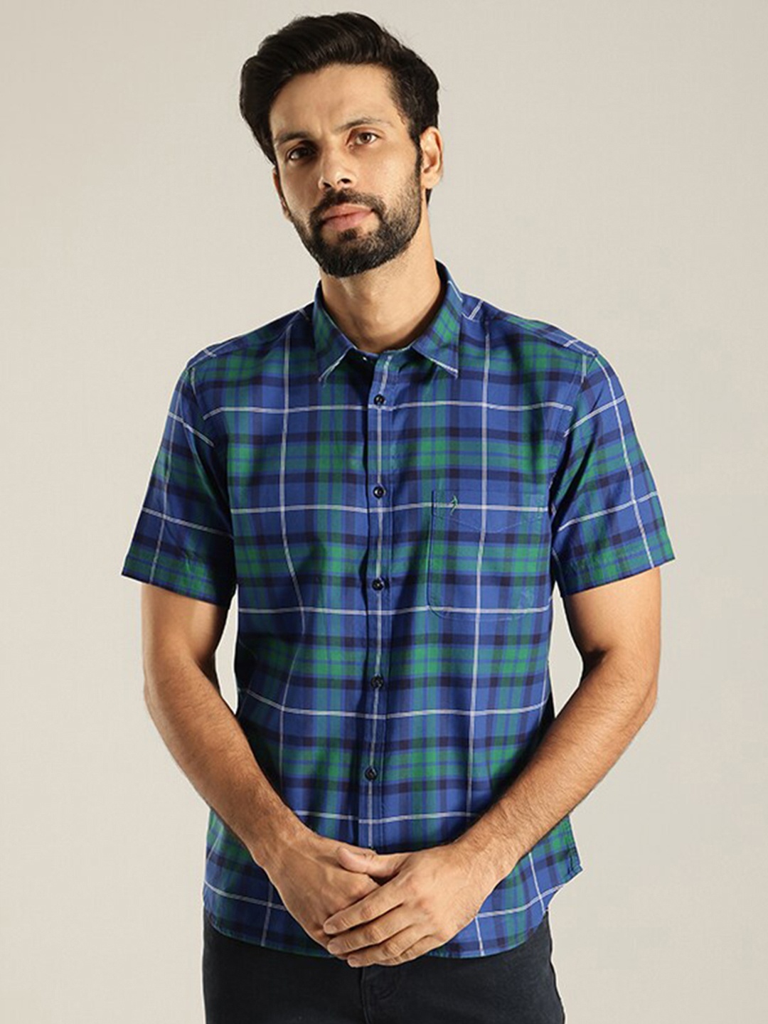 

Indian Terrain India Slim Tartan Checks Checked Pure Cotton Casual Shirt, Blue