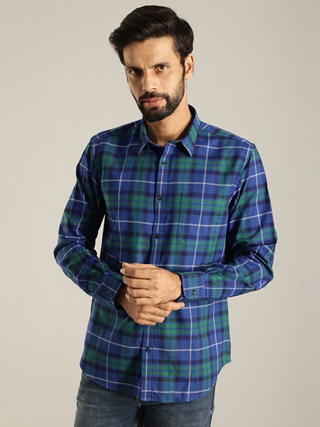 

Indian Terrain India Slim Fit Tartan Checked Casual Pure Cotton Shirt, Blue