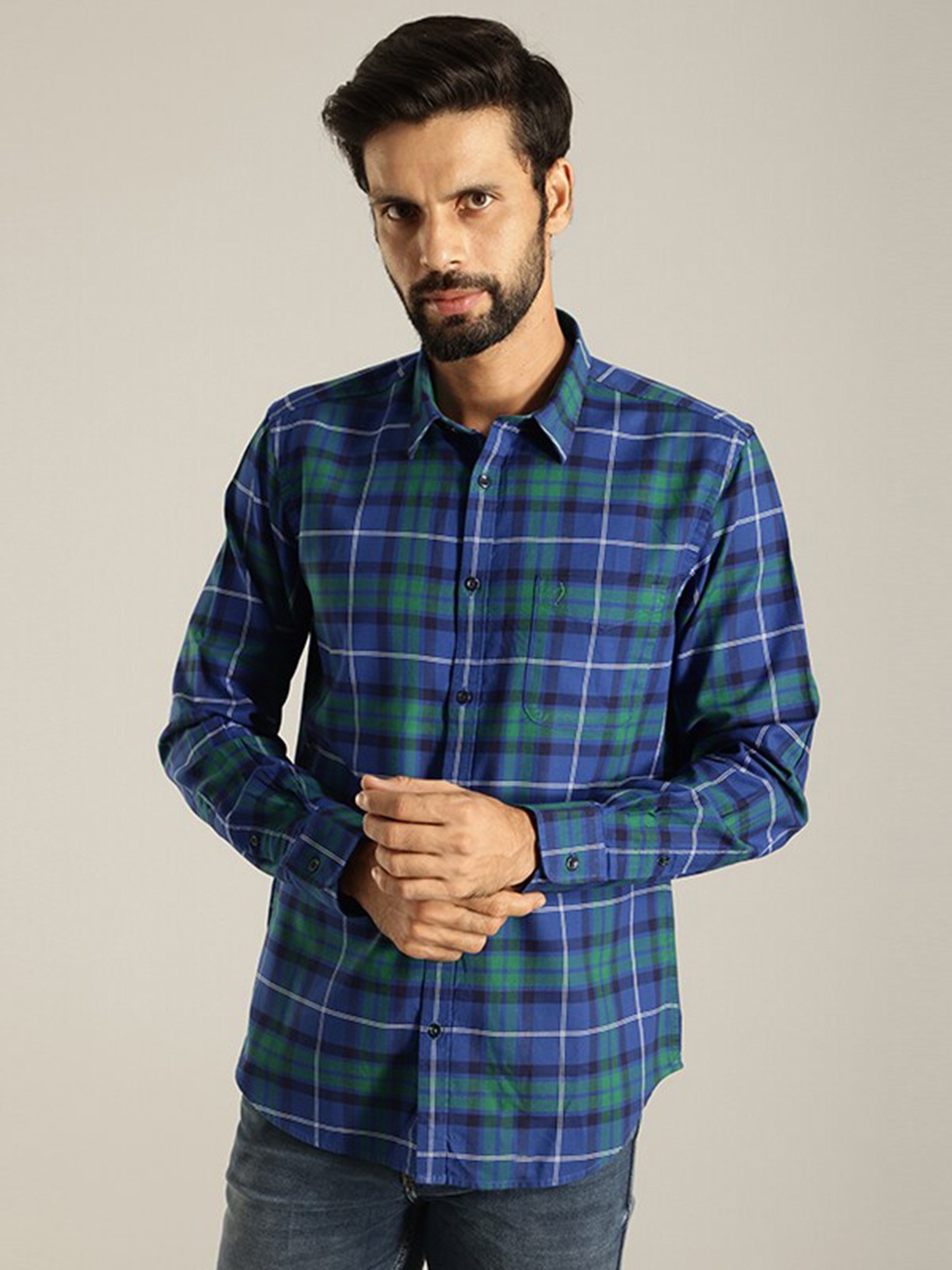 

Indian Terrain India Slim Slim Fit Tartan Checks Spread Collar Pure Cotton Casual Shirt, Blue