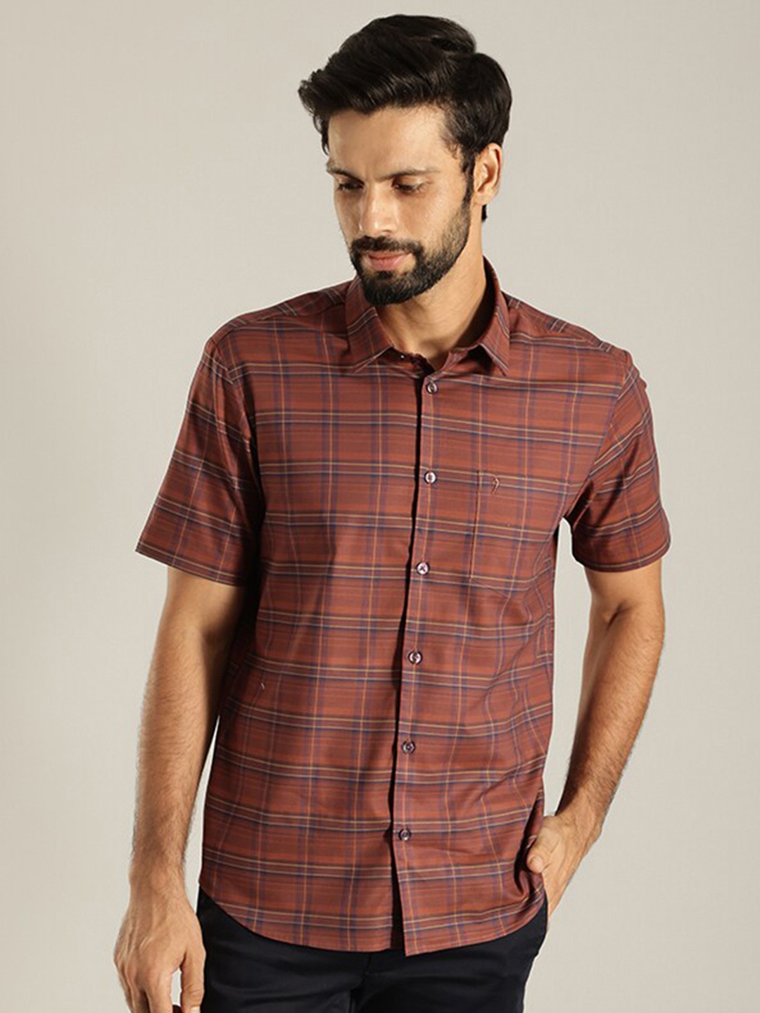 

Indian Terrain India Slim Grid Tattersall Checked Pure Cotton Casual Shirt, Red