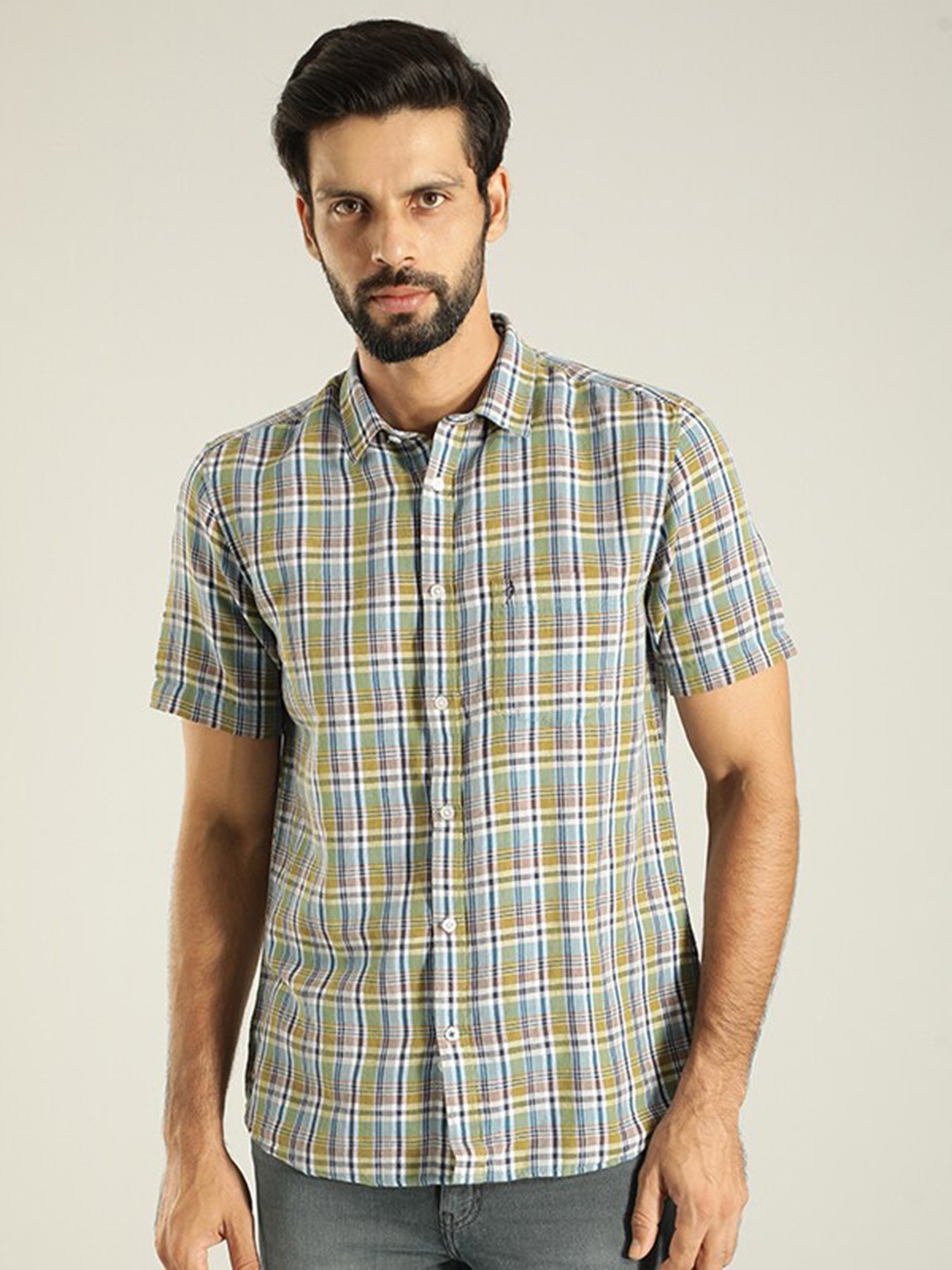 

Indian Terrain India Slim Slim Fit Tartan Checked Opaque Cotton Linen Casual Shirt, Green