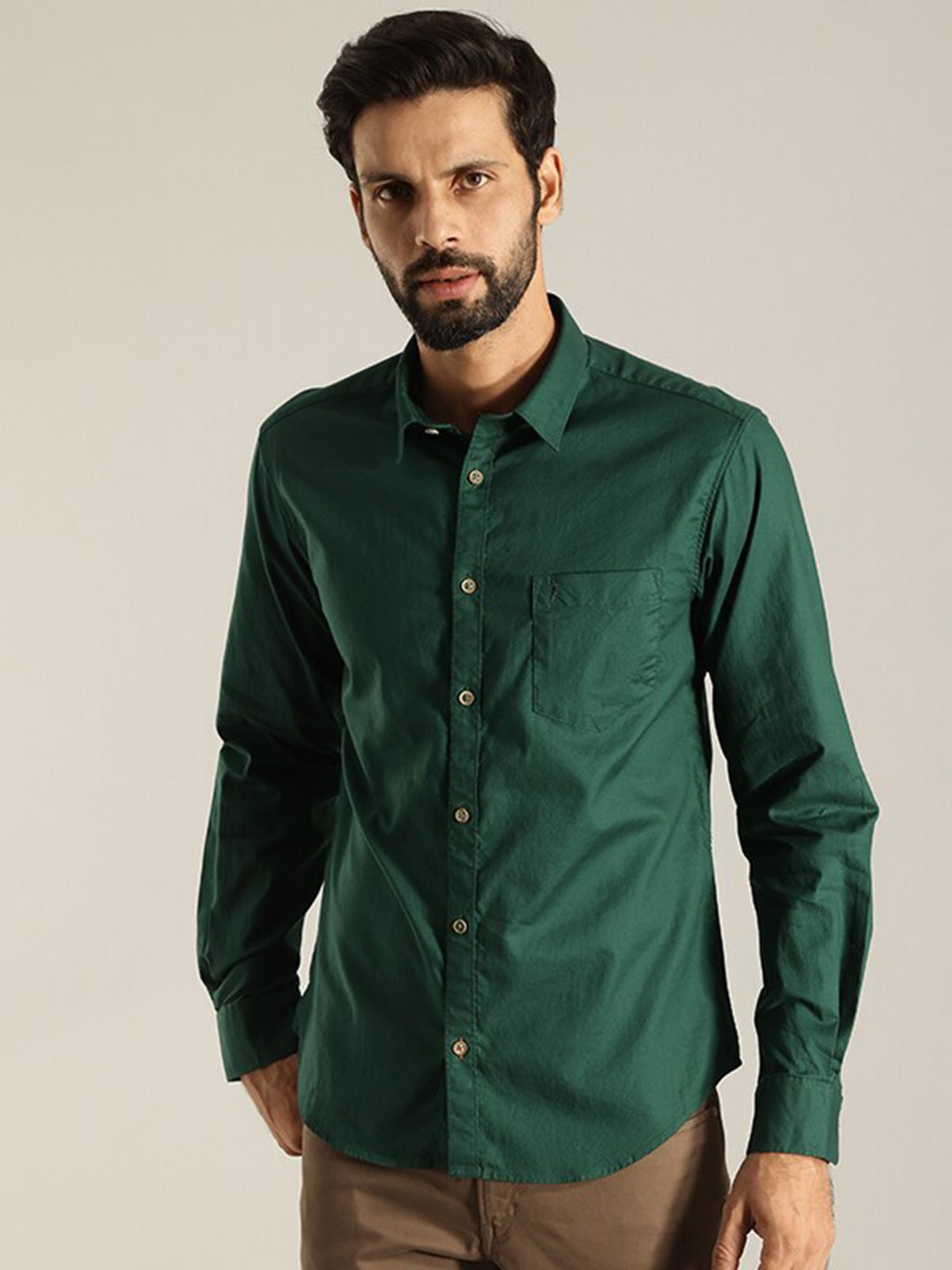 

Indian Terrain India Slim Slim Fit Spread Collar Pure Cotton Casual Shirt, Green