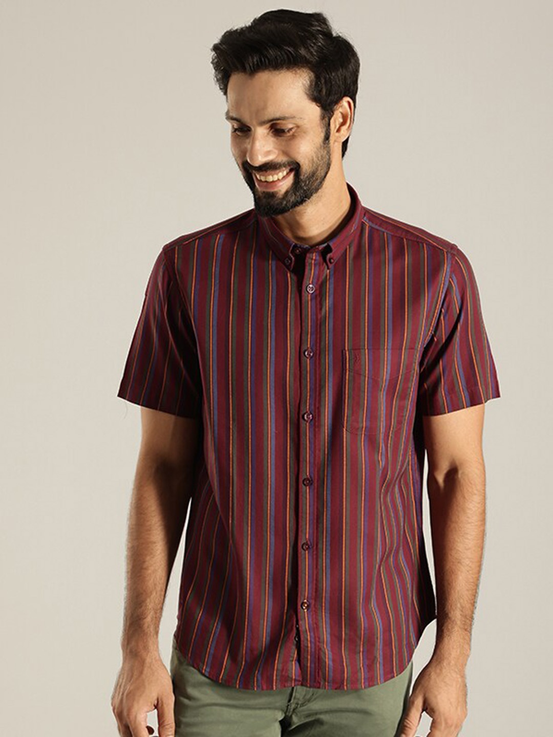 

Indian Terrain Slim Fit Opaque Striped Casual Shirt, Red