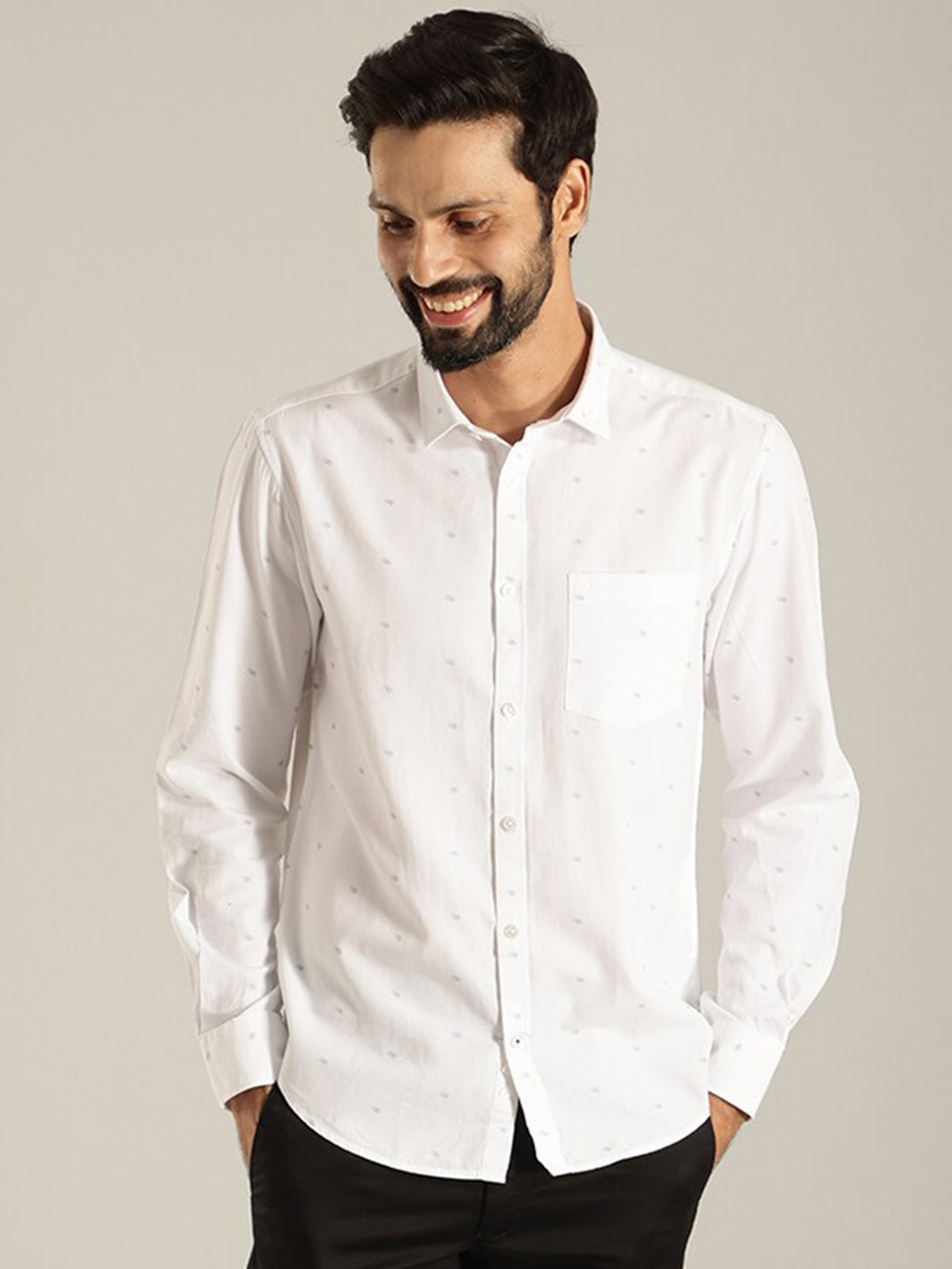 

Indian Terrain India Slim Spread Collar Slim Fit Micro Printed Casual Pure Cotton Shirt, White