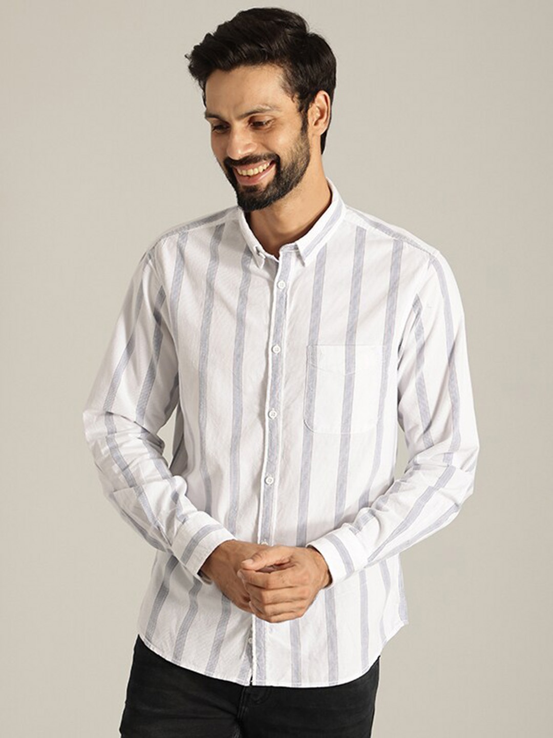 

Indian Terrain India Slim Fit Vertical Striped Casual Pure Cotton Shirt, Blue