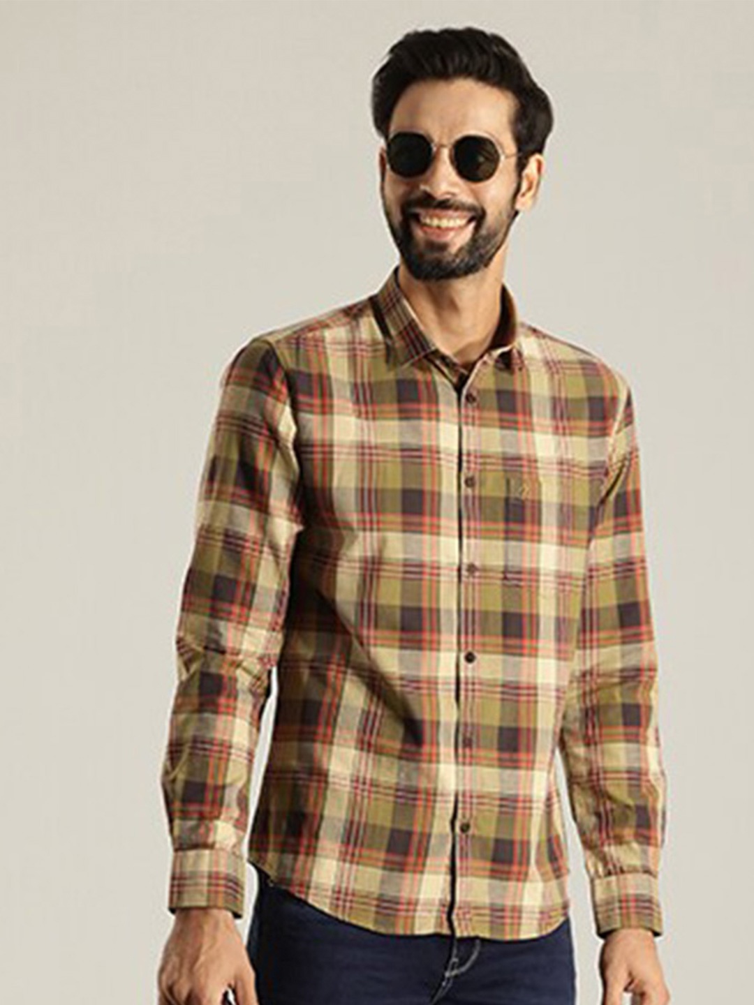 

Indian Terrain India Slim Fit Tartan Checked Pure Cotton Casual Shirt, Green