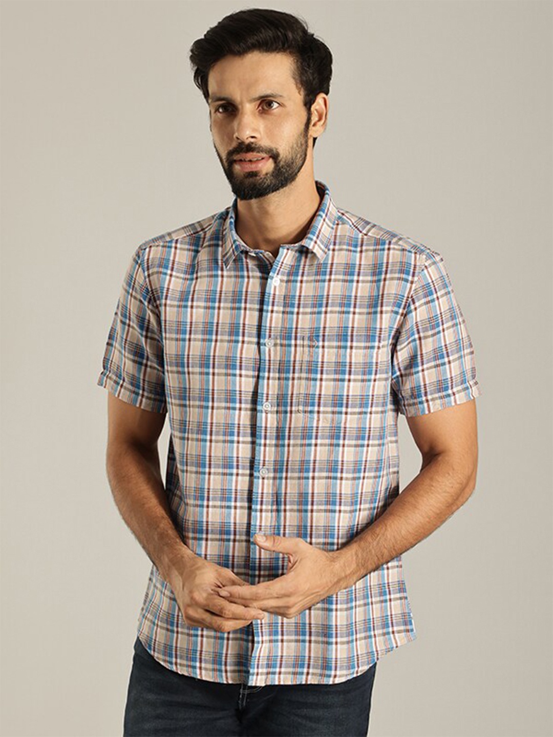 

Indian Terrain India Slim Fit Tartan Checked Linen Cotton Casual Shirt, Blue