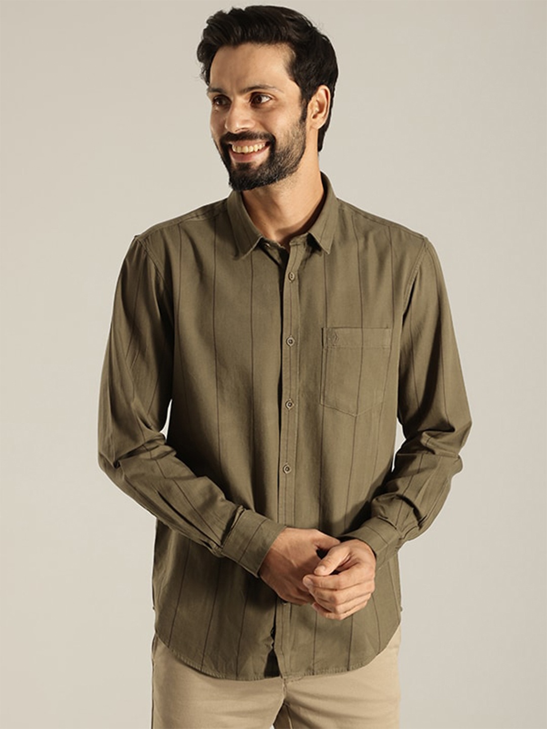 

Indian Terrain Striped India Slim Fit Cotton Casual Shirt, Olive