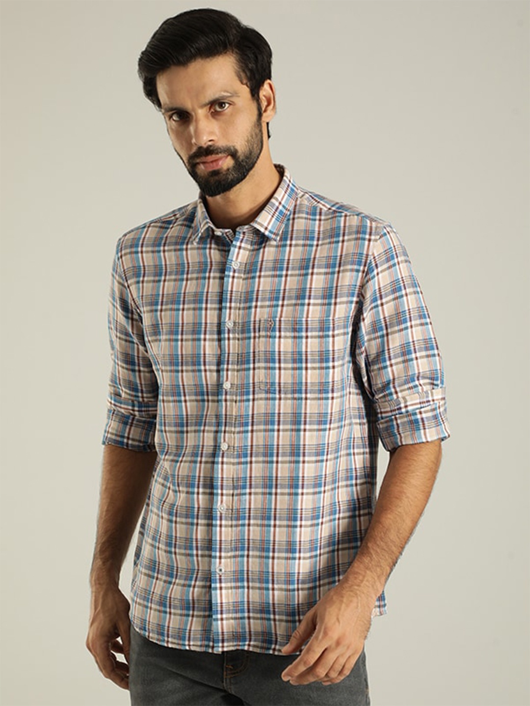 

Indian Terrain India Slim Fit Tartan Checked Linen Cotton Casual Shirt, Blue