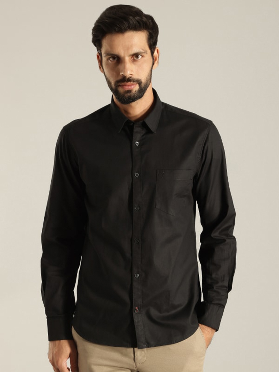 

Indian Terrain India Slim Fit Spread Collar Pure Cotton Casual Shirt, Black