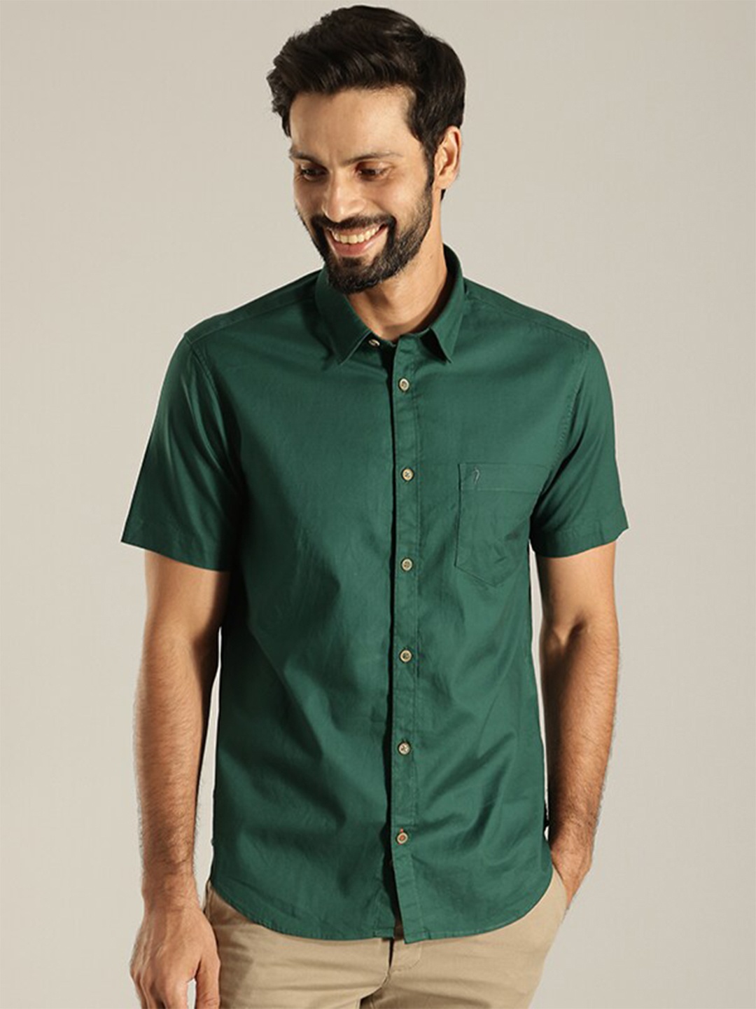 

Indian Terrain India Slim Slim Fit Spread Collar Pure Cotton Casual Shirt, Green