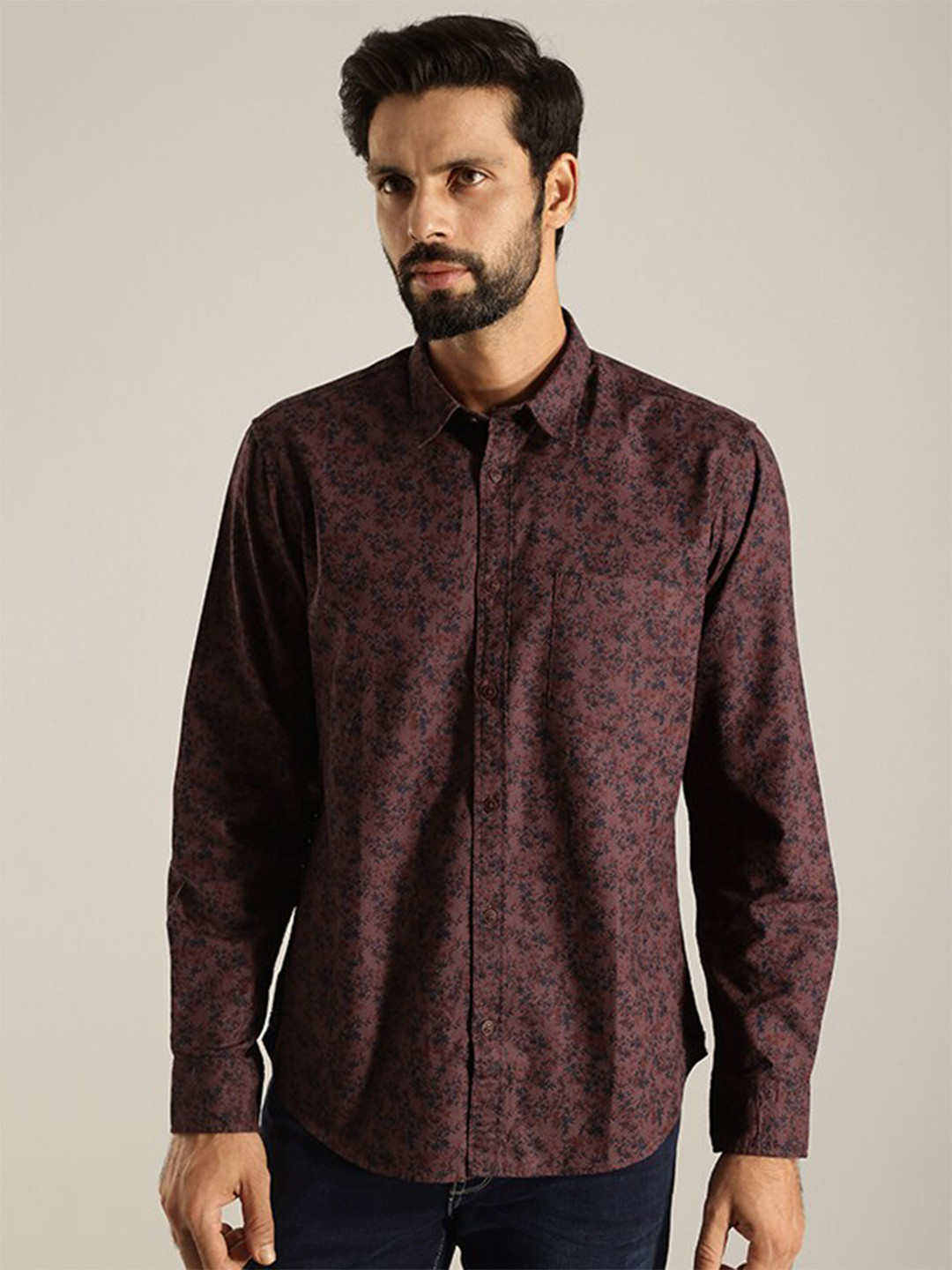 

Indian Terrain India Slim Floral Printed Pure Cotton Casual Shirt, Brown