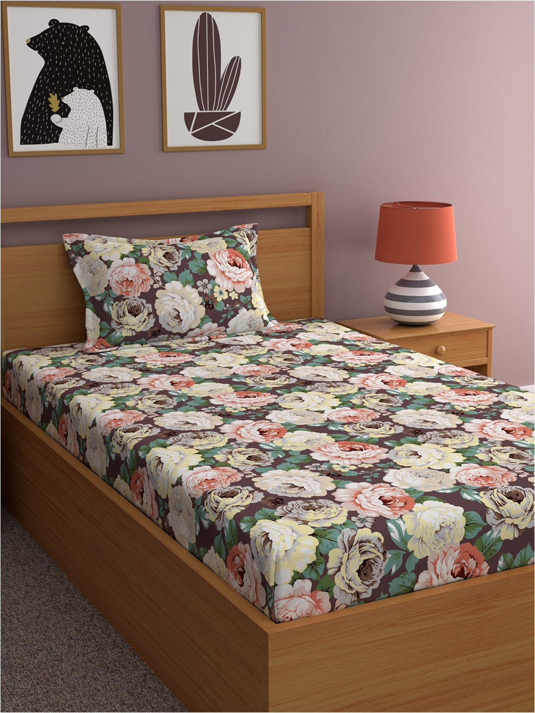 

CHHAVI INDIA Brown Blue Floral 210 TC 2 Single Bedsheet with 4 Pillow Covers