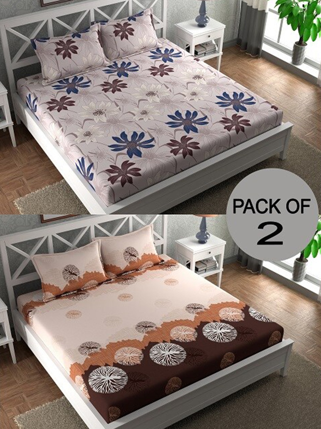 

CHHAVI INDIA Beige & Grey Floral 210 TC 2 Queen Bedsheet with 4 Pillow Covers