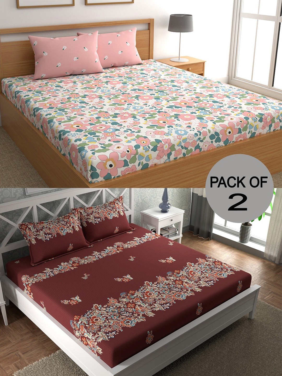 

CHHAVI INDIA Pink & Maroon Floral 210 TC 2 Queen Bedsheet with 4 Pillow Covers