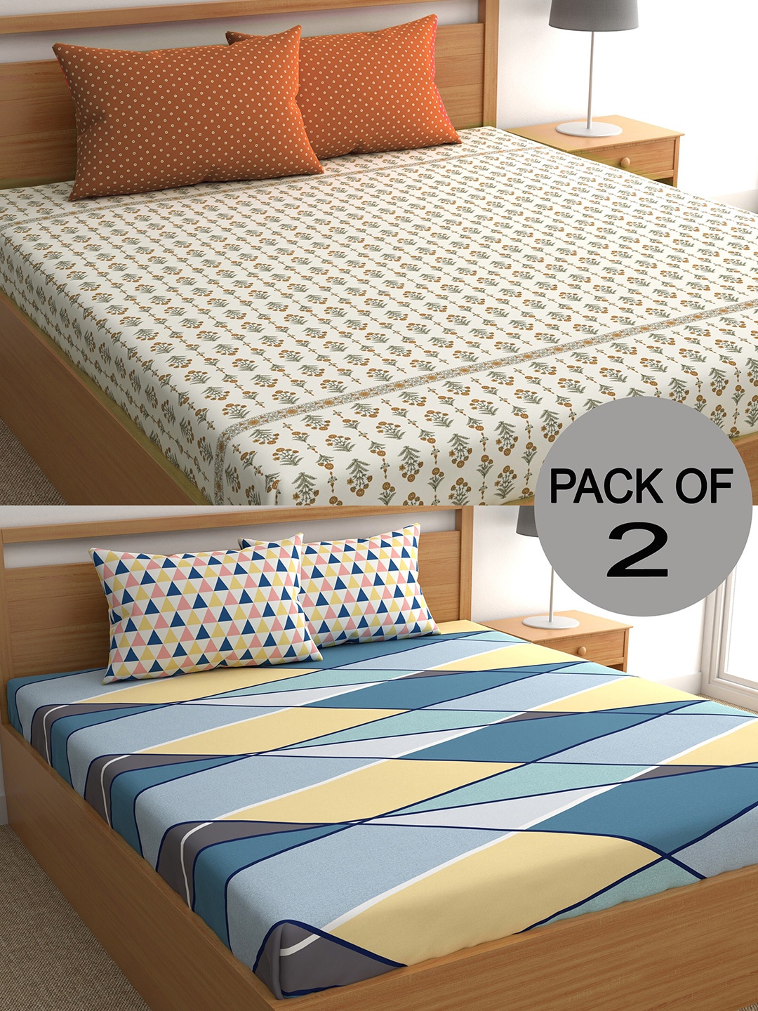 

CHHAVI INDIA Off White & Blue 210 TC 2 Queen Bedsheet with 4 Pillow Covers, Orange