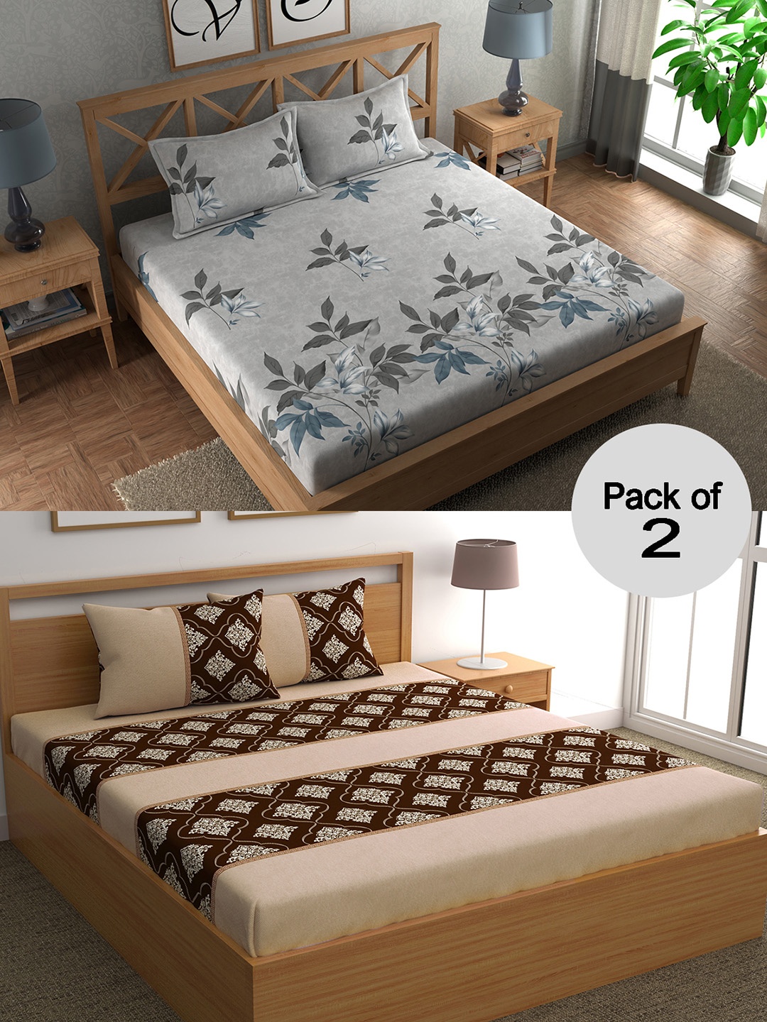 

CHHAVI INDIA Grey & White Floral 210 TC 2 Queen Bedsheet with 4 Pillow Covers