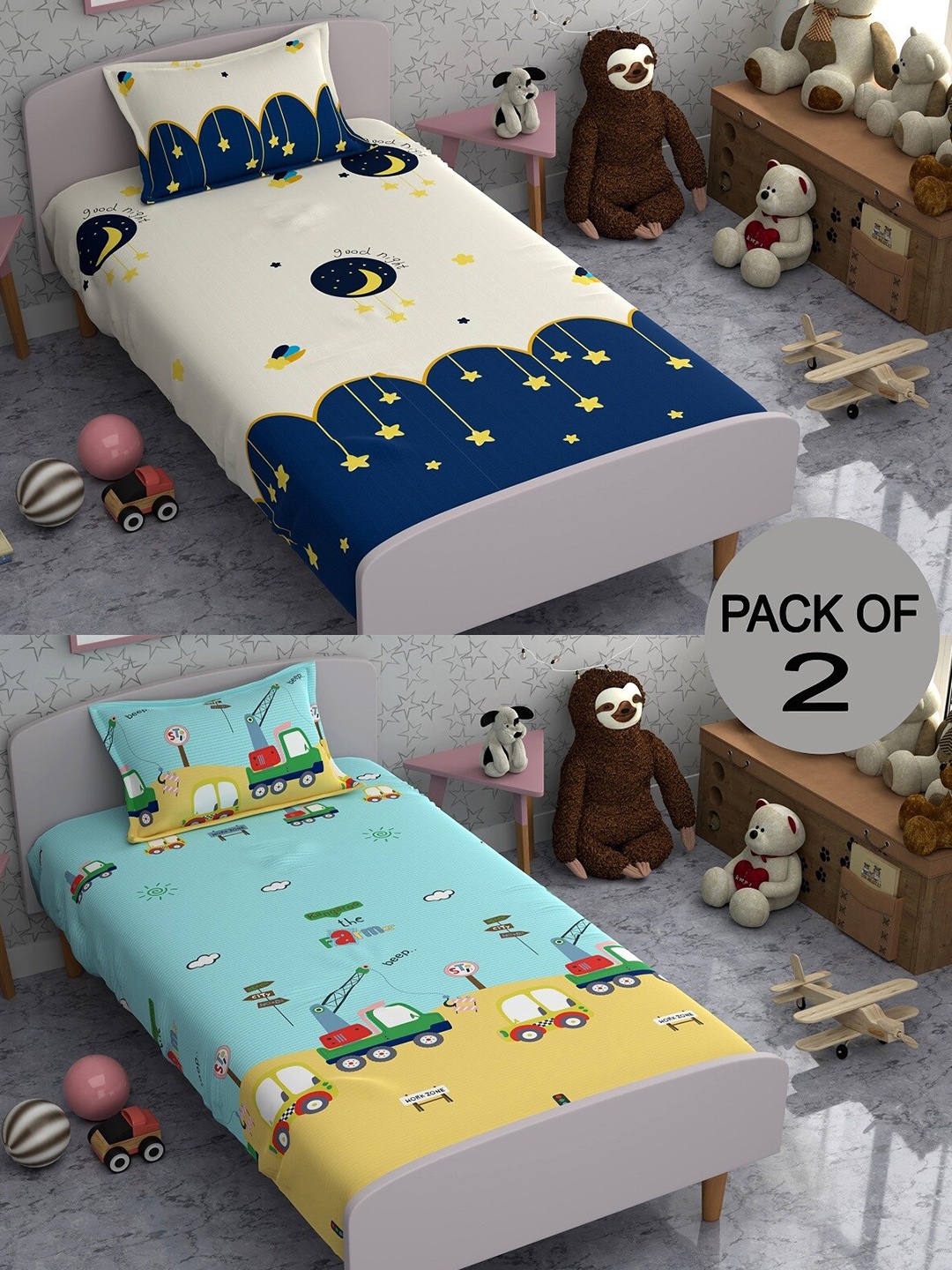 

CHHAVI INDIA Blue & White Conversational 210 TC 2 Single Bedsheet with 4 Pillow Covers