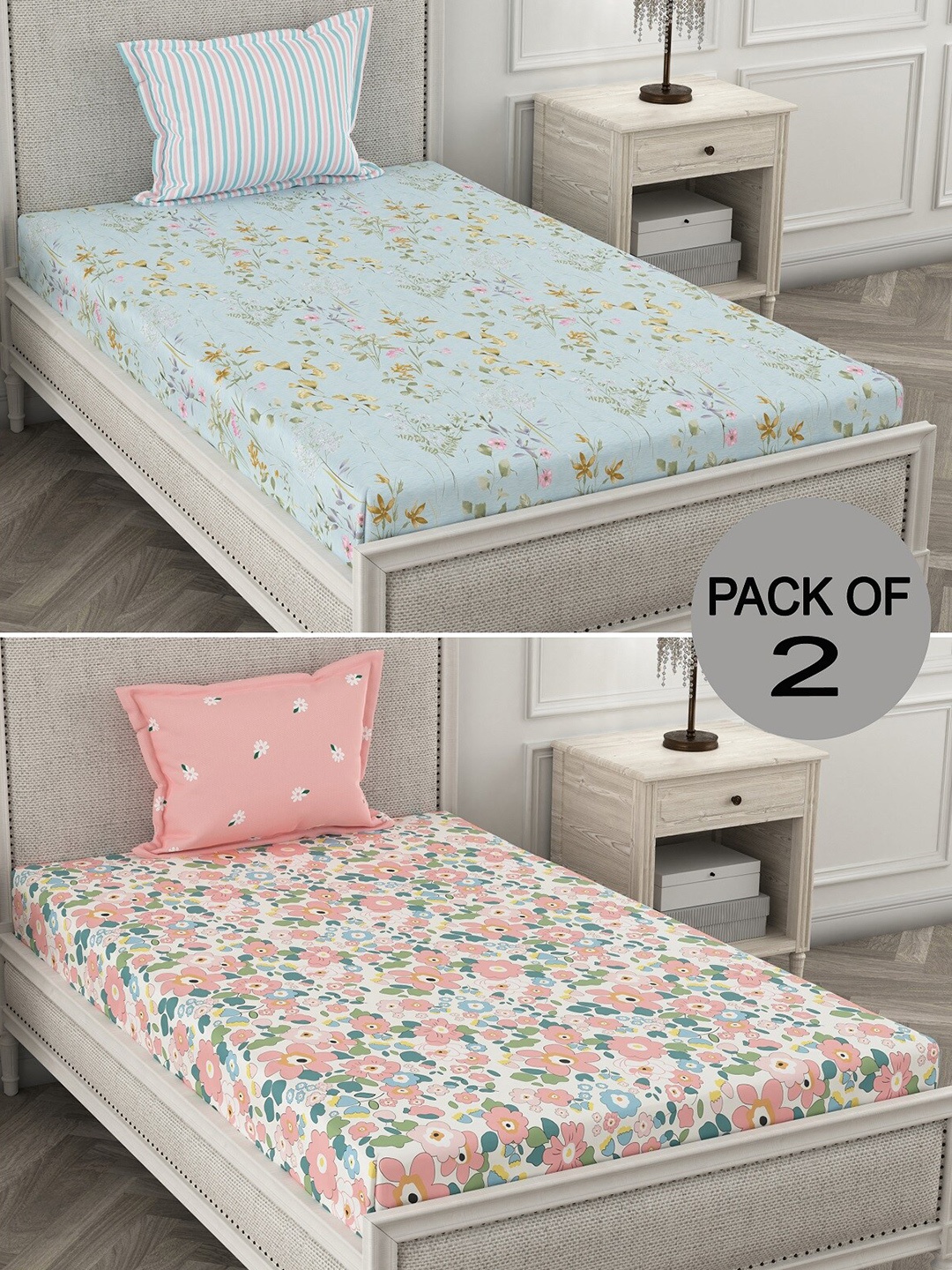 

CHHAVI INDIA Pink & Blue Floral Polycotton 210 TC 2 Single Bedsheet With 4 Pillow Covers