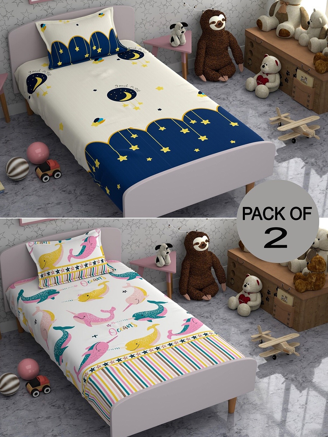 

CHHAVI INDIA White & Blue Conversational 210 TC 2 Single Bedsheet with 2 Pillow Covers