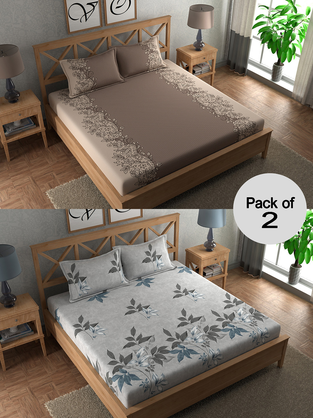 

CHHAVI INDIA Grey & Brown Floral 210 TC 2 Queen Bedsheet with 4 Pillow Covers