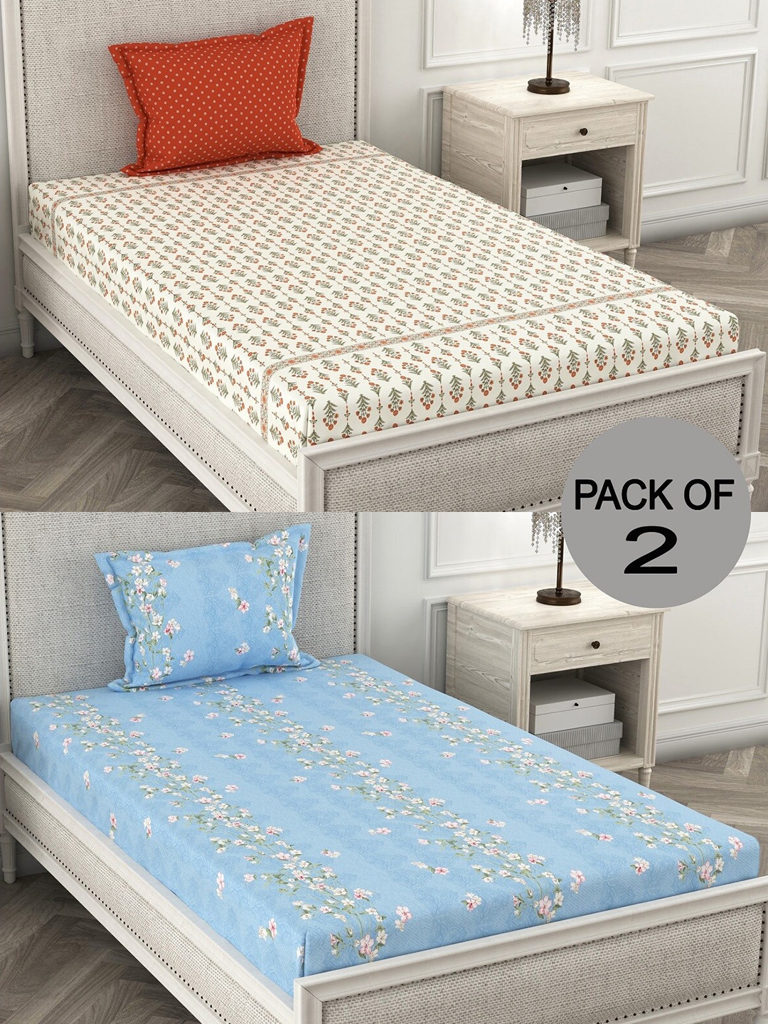 

CHHAVI INDIA Blue & Cream-Coloured Floral 210 TC 2 Single Bedsheet with 4 Pillow Covers
