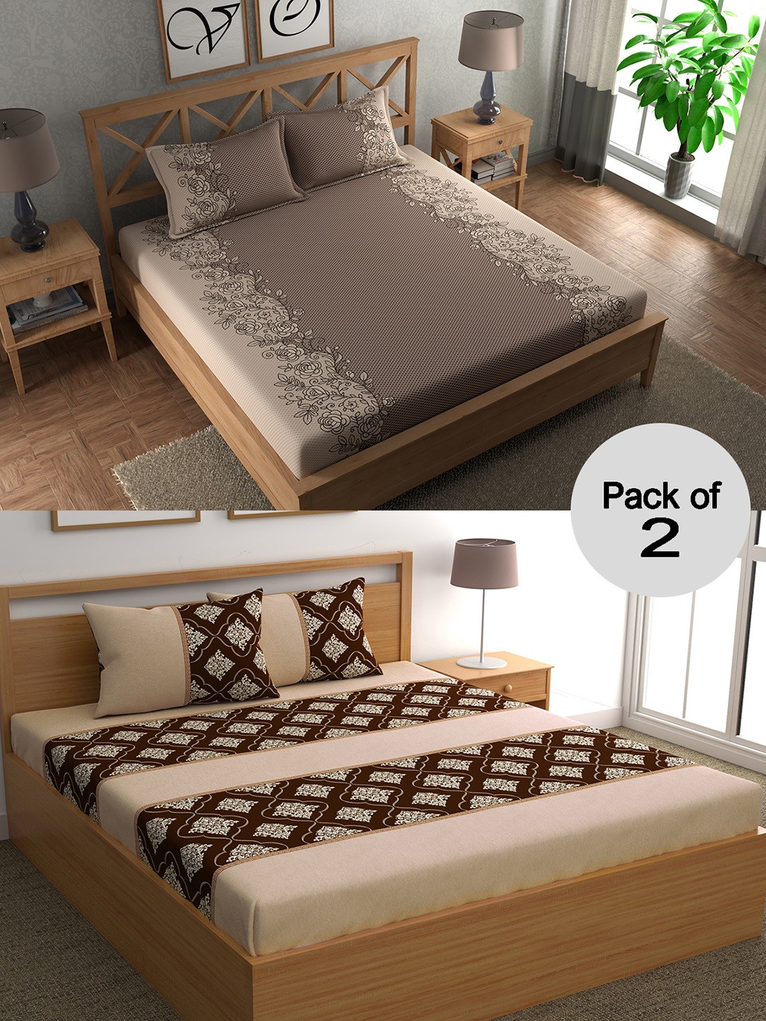 

CHHAVI INDIA Grey & Brown Ethnic Motifs 210 TC 2 Queen Bedsheet with 4 Pillow Covers