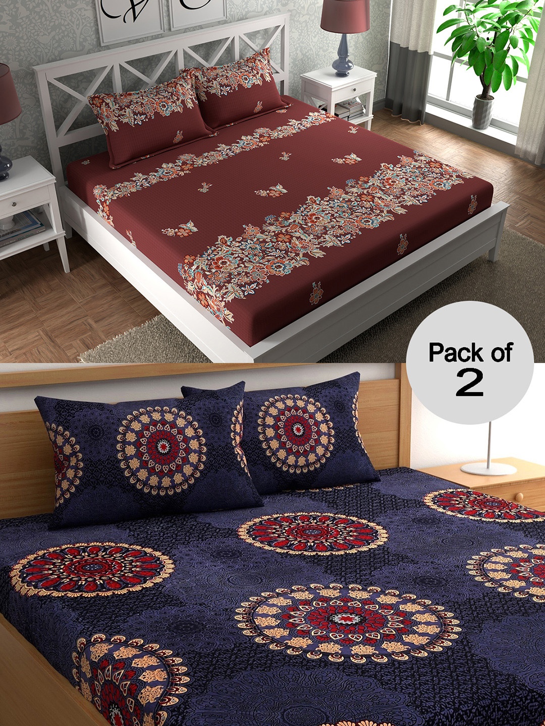 

CHHAVI INDIA Maroon & Blue Floral 210 TC 2 Queen Bedsheet with 4 Pillow Covers