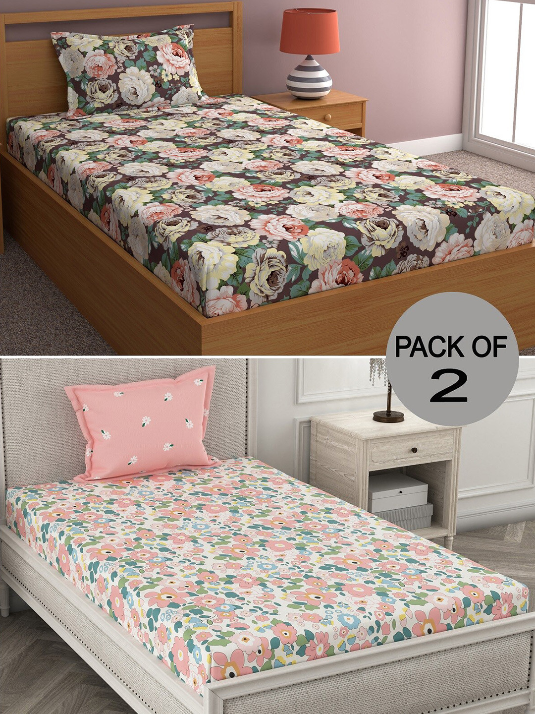 

CHHAVI INDIA Brown & White Floral 210 TC 2 Single Bedsheet with 4 Pillow Covers