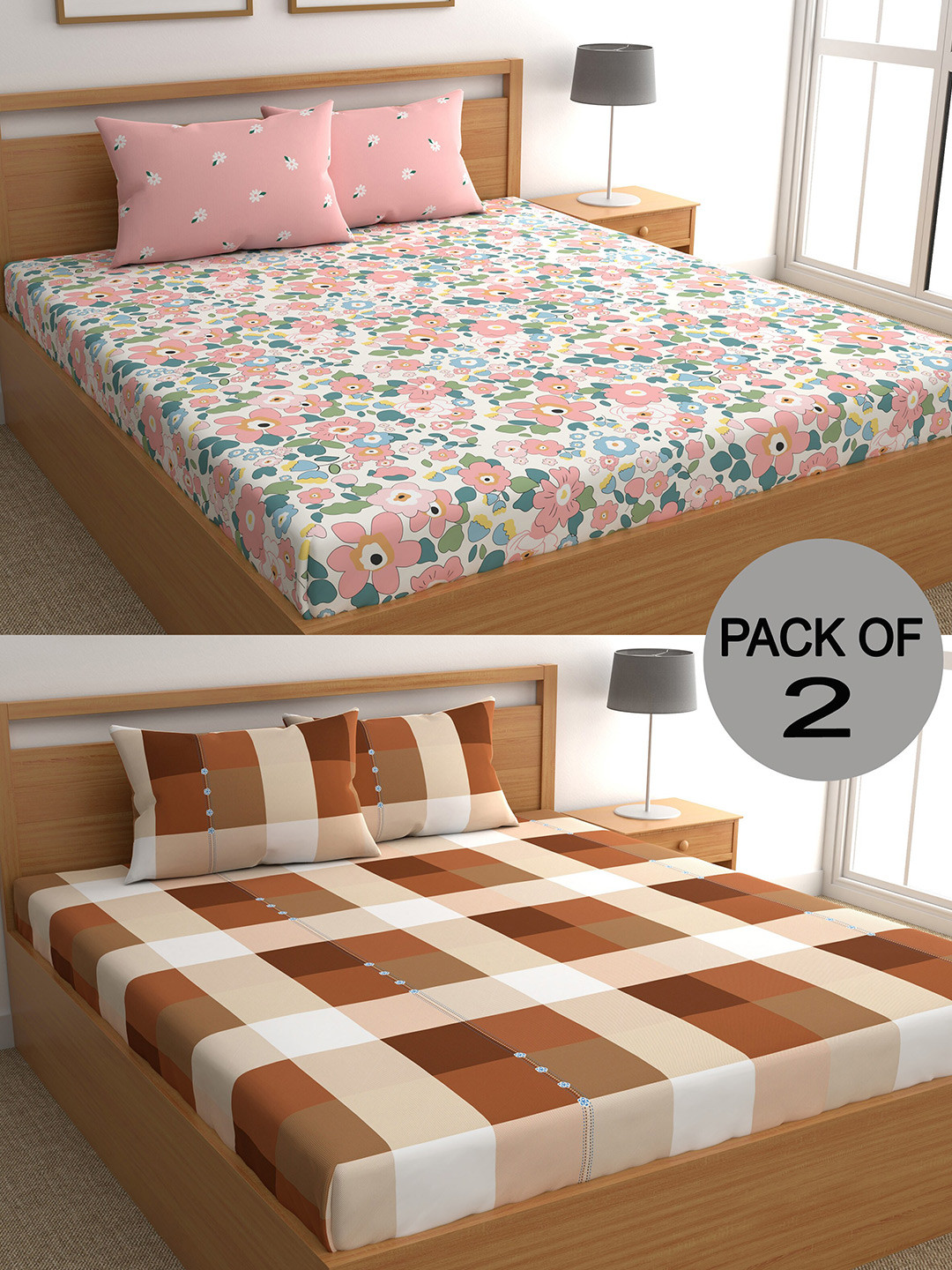 

CHHAVI INDIA White & Brown 210 TC 2 Queen Bedsheet with 4 Pillow Covers