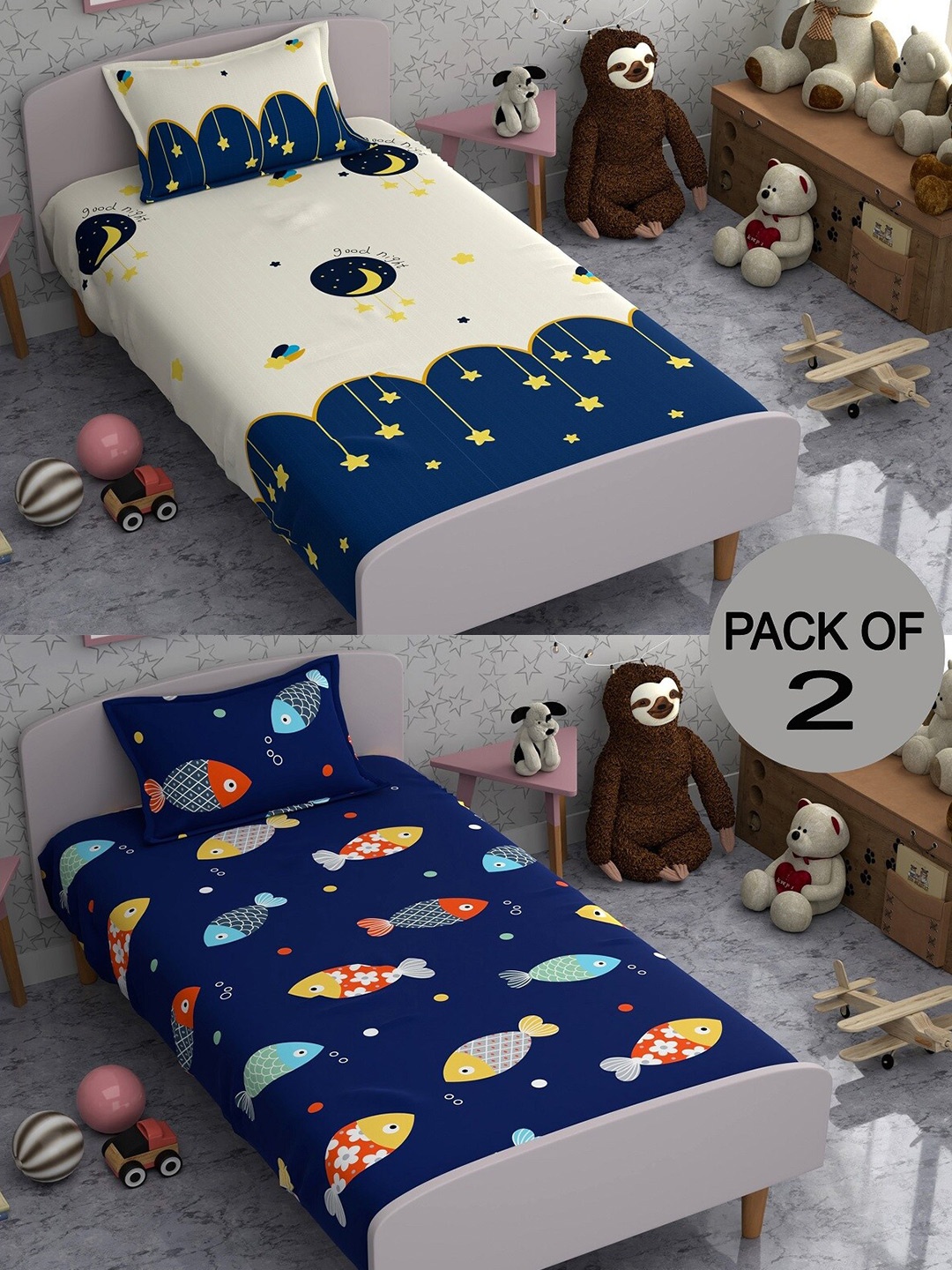 

CHHAVI INDIA Blue & White Printed 210 TC 2 Single Bedsheets with 2 Pillow Covers