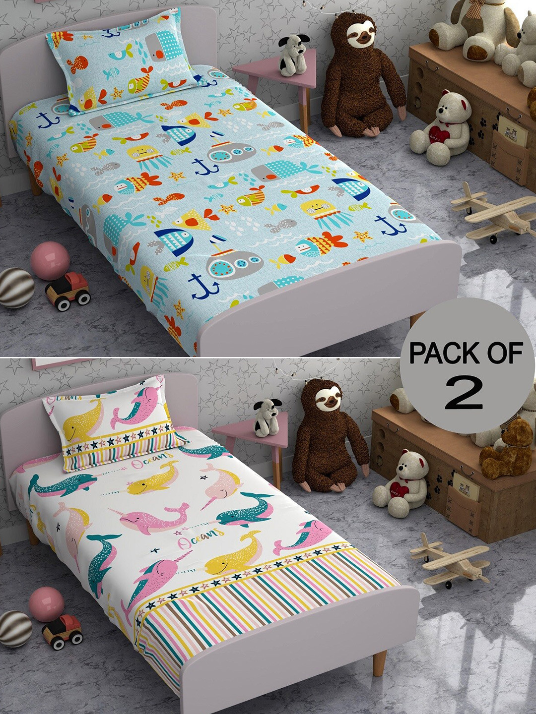 

CHHAVI INDIA Blue & White Conversational 210 TC 2 Single Bedsheet with 4 Pillow Covers