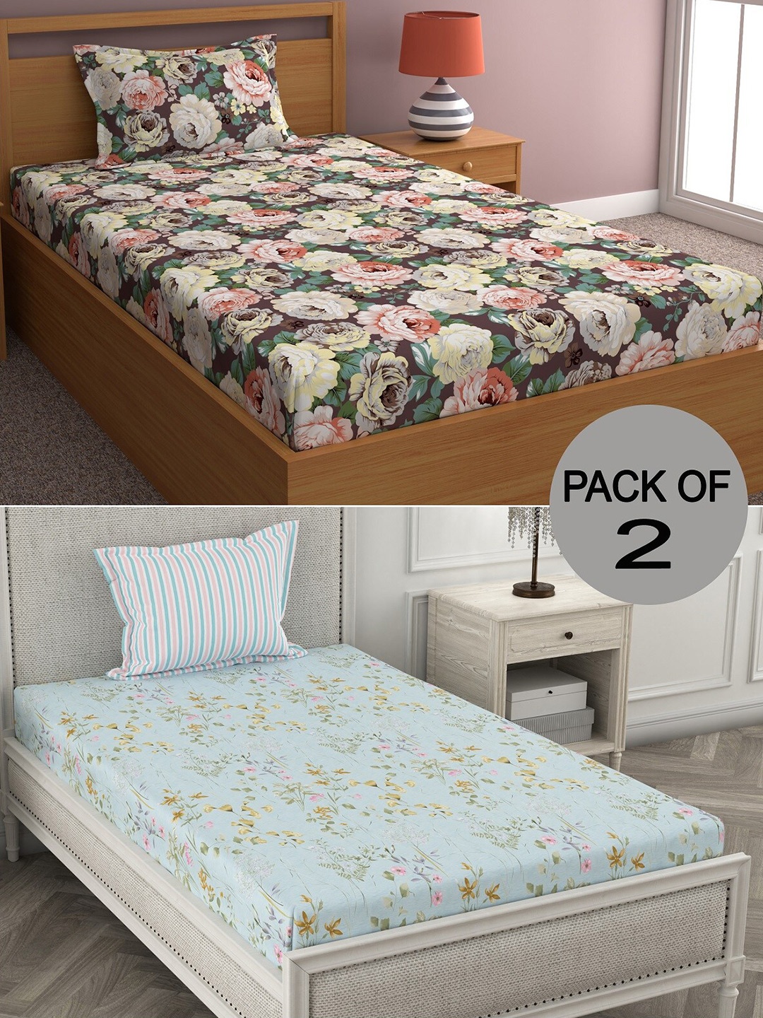 

CHHAVI INDIA Brown & Blue Floral 210 TC 2 Single Bedsheet with 4 Pillow Covers