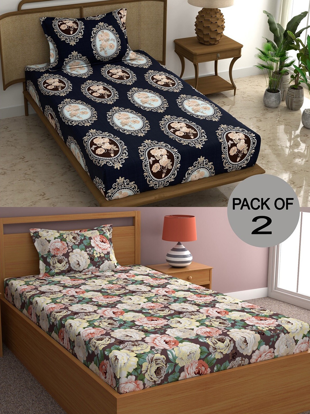 

CHHAVI INDIA Brown Ethnic Motifs Polycotton 210 TC 2 Single Bedsheet & 4 Pillow Covers