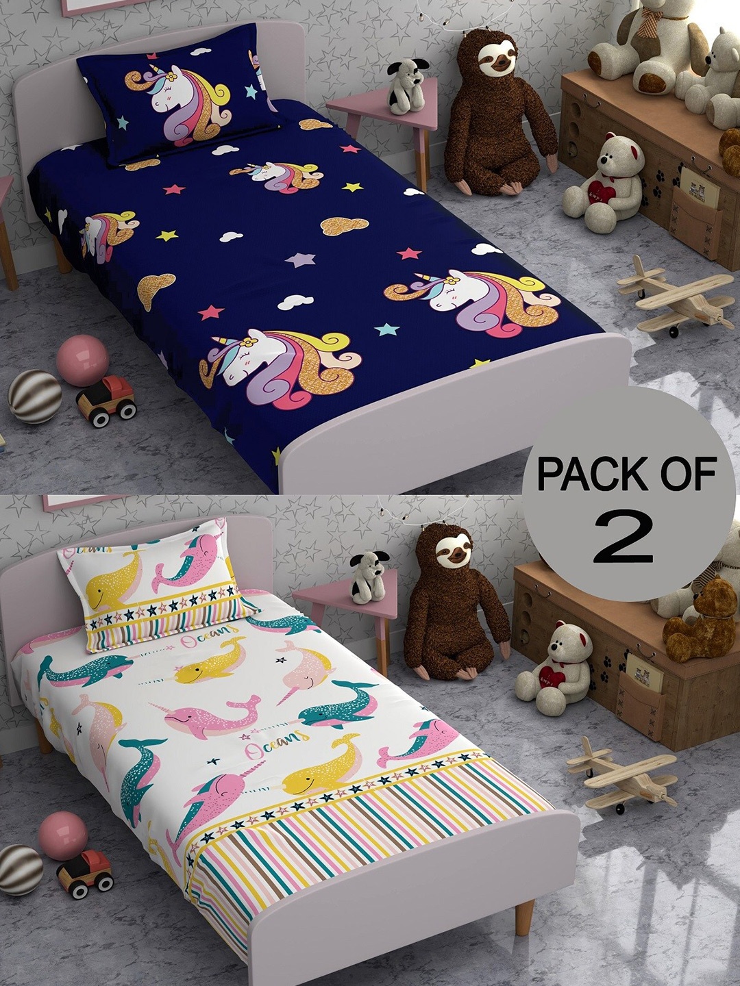 

CHHAVI INDIA White & Blue Conversational 210 TC 2 Single Bedsheet with 4 Pillow Covers