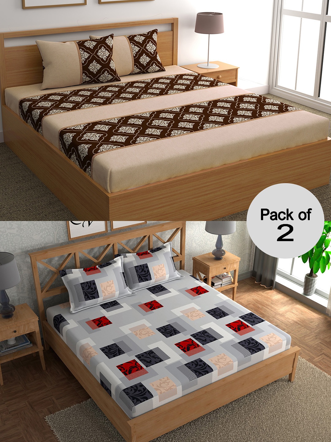 

CHHAVI INDIA Brown & White Geometric 210 TC 2 Queen Bedsheet with 4 Pillow Covers