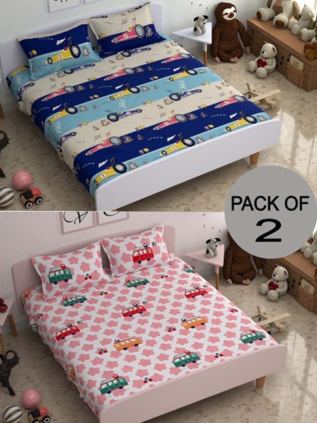 

CHHAVI INDIA Blue & Pink Printed 210 TC 2 Queen Bedsheets with 4 Pillow Covers