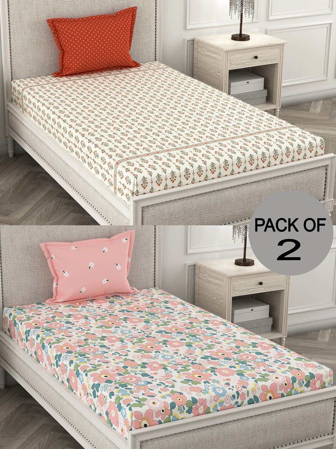 

CHHAVI INDIA Beige & Pink Floral 210 TC 2 Single Bedsheet with 4 Pillow Covers