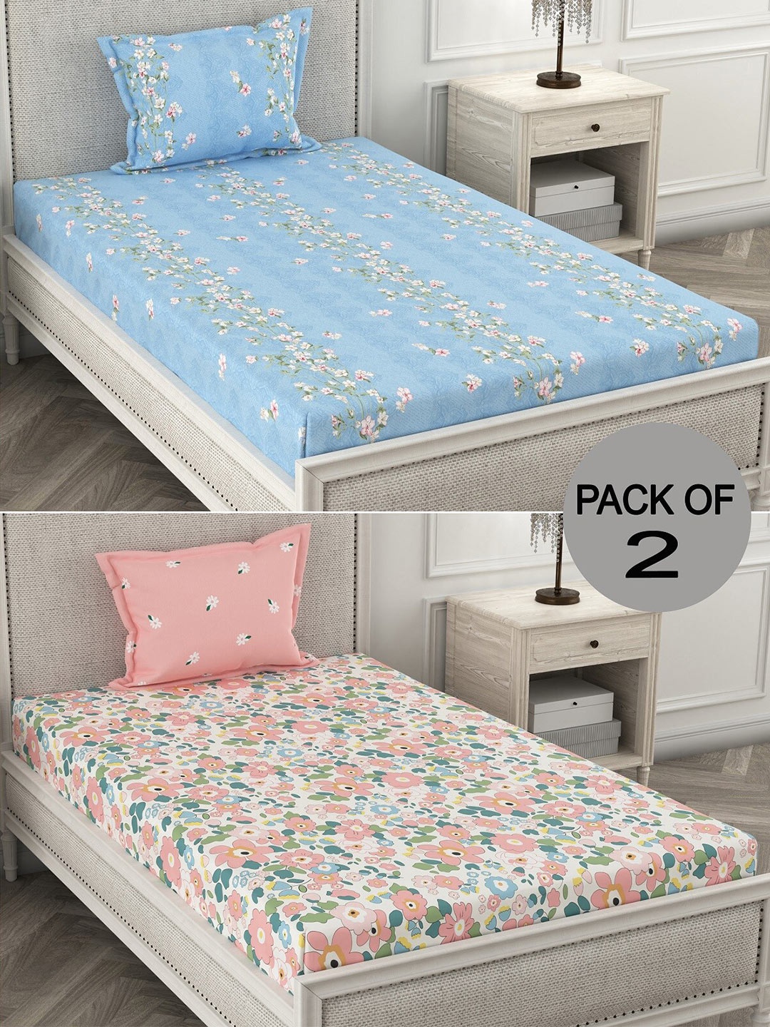

CHHAVI INDIA Pink & Blue Floral 210 TC 2 Single Bedsheet with 4 Pillow Covers