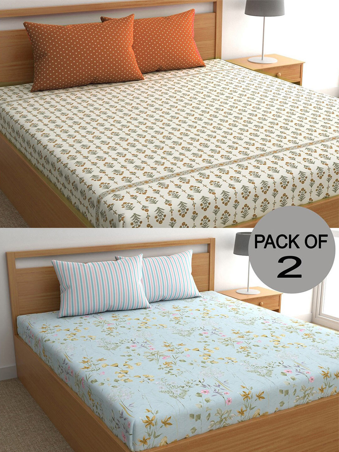 

CHHAVI INDIA Orange & Green Floral Polycotton 210 TC 2 Queen Bedsheet With 4 Pillow Covers