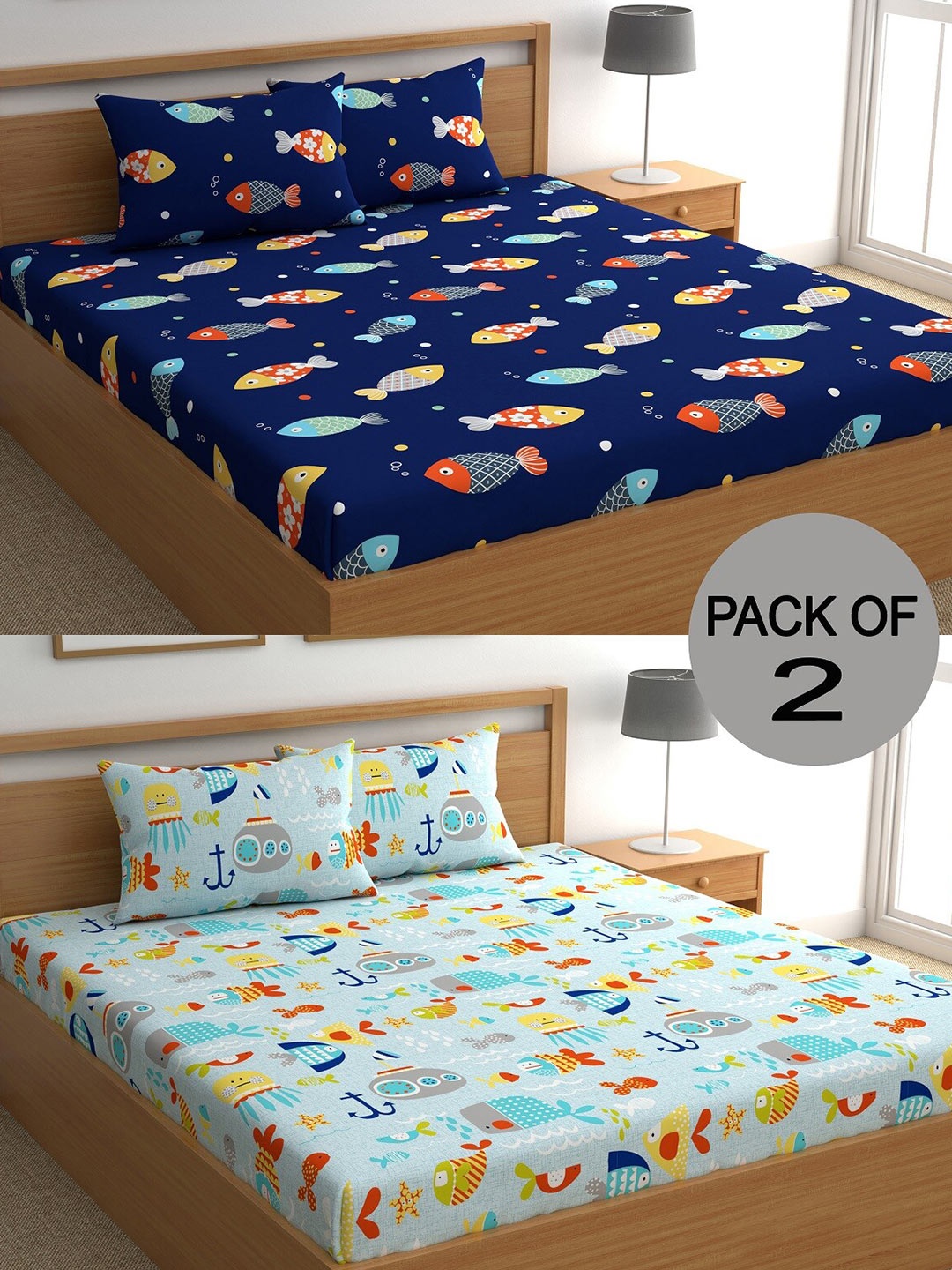 

CHHAVI INDIA Blue & Red Printed 210 TC 2 Queen Bedsheets with 4 Pillow Covers