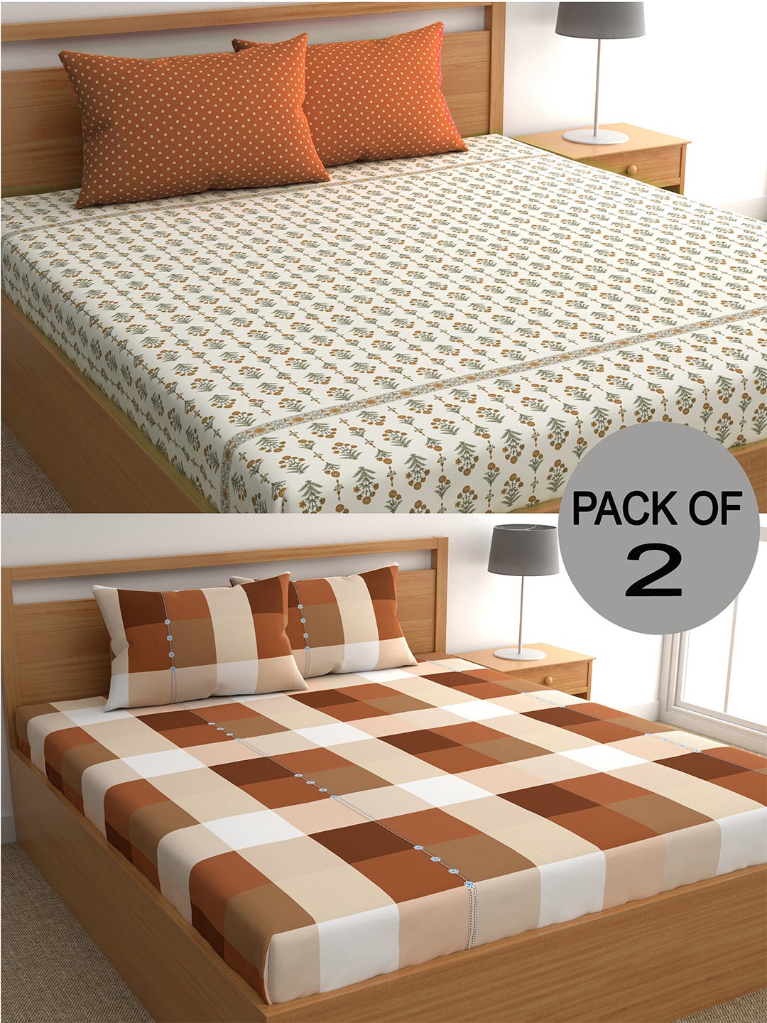

CHHAVI INDIA Orange & Brown Printed 210 TC 2 Queen Bedsheets with 4 Pillow Covers