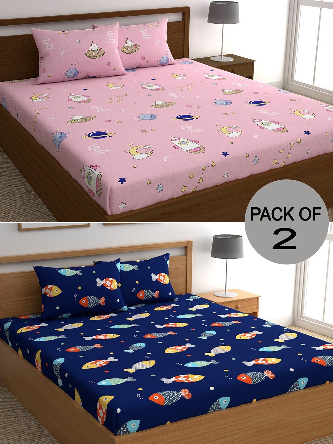 

CHHAVI INDIA Pink & Blue Graphic Polycotton 210 TC 2 Queen Bedsheet With 4 Pillow Covers