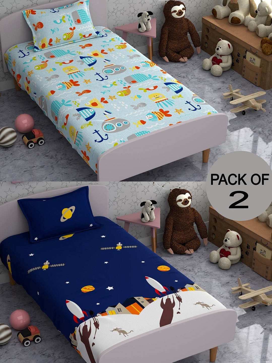 

CHHAVI INDIA Blue & Navy Blue Graphic Polycotton 210TC 2 Single Bedsheet & 4 Pillow Covers