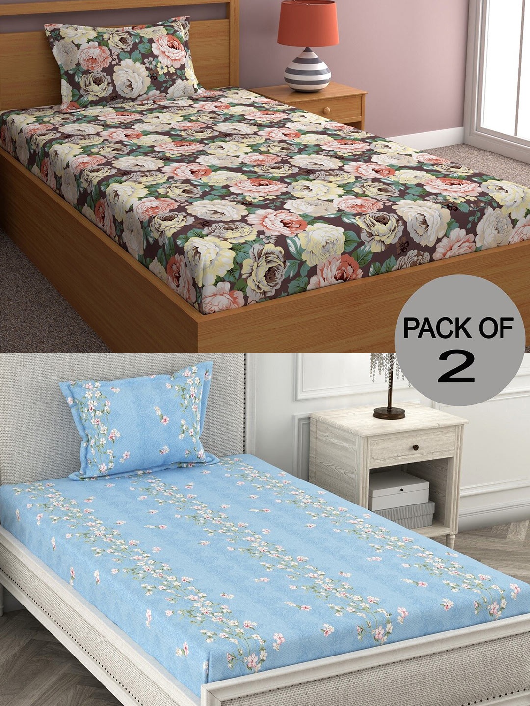 

CHHAVI INDIA Brown & Blue Floral 210 TC 2 Single Bedsheet with 4 Pillow Covers