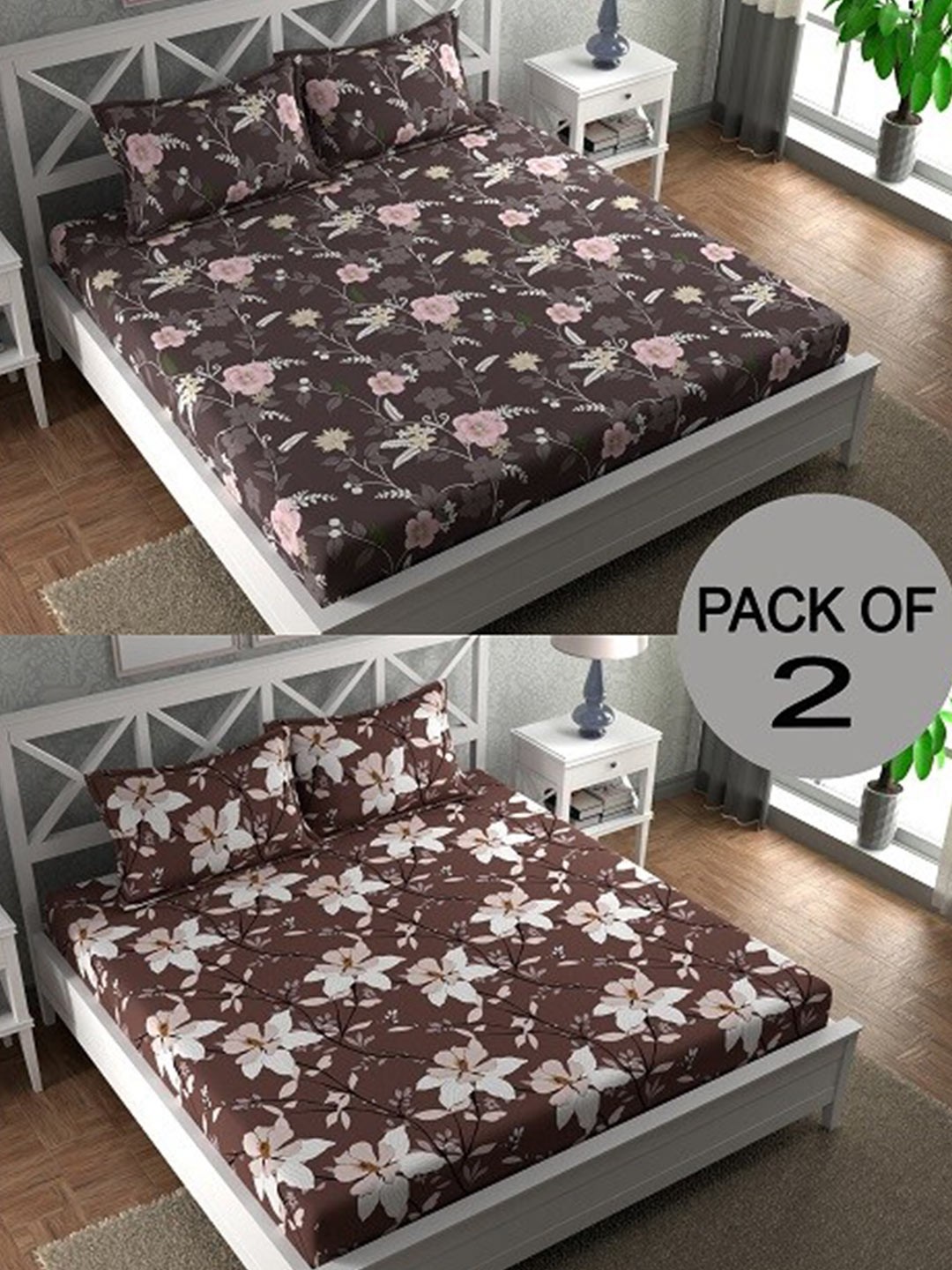 

CHHAVI INDIA Brown & White Floral 210 TC 2 Queen Bedsheet with 4 Pillow Covers