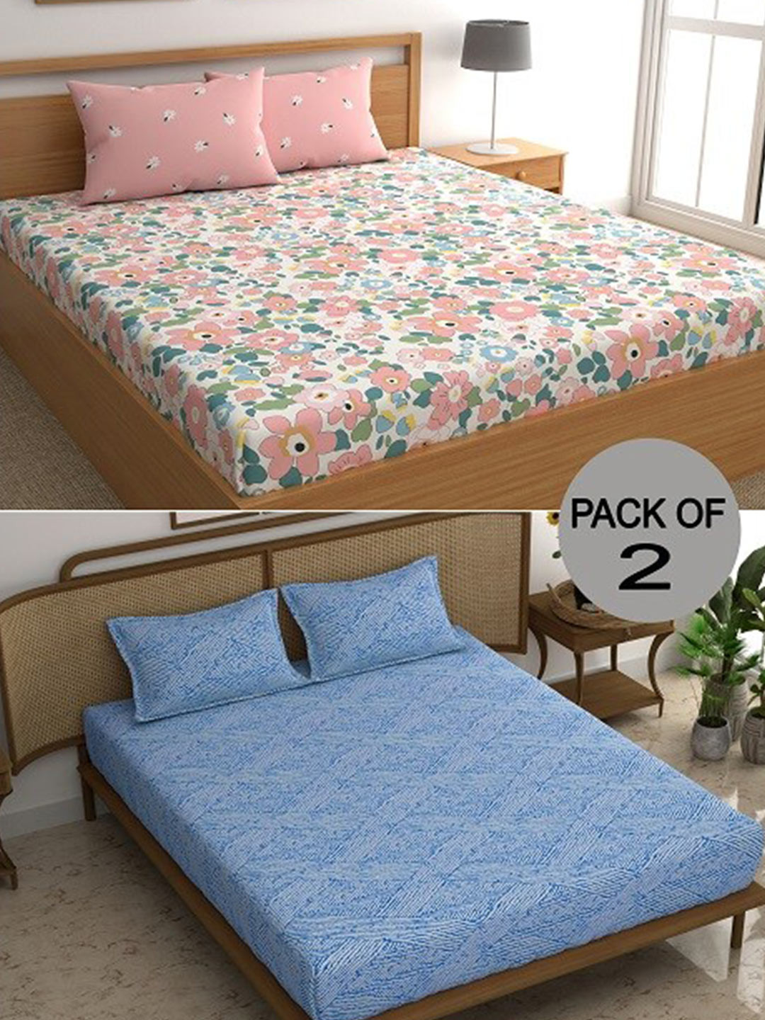 

CHHAVI INDIA Pink & Blue Floral 210 TC 2 Queen Bedsheet with 4 Pillow Covers