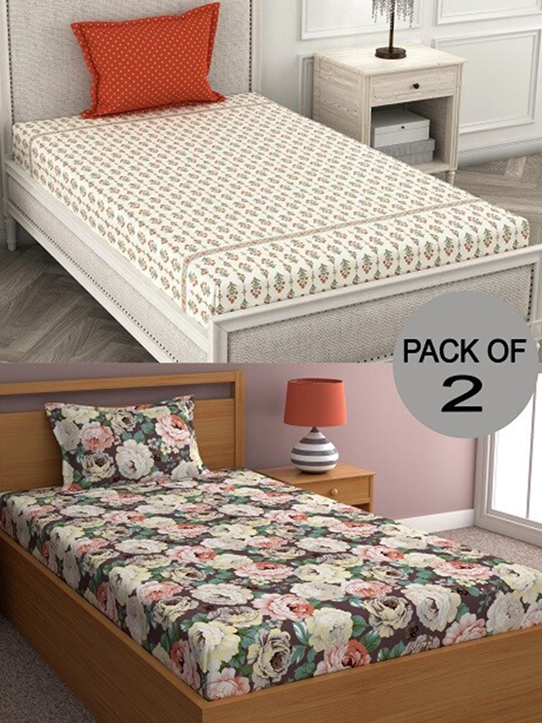 

CHHAVI INDIA White & Brown Floral 210 TC 2 Single Bedsheet with 4 Pillow Covers
